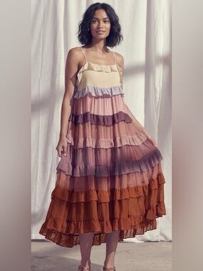 Storia Anthropologie Pastel Rainbow Tiered Ruffle Midi Dress